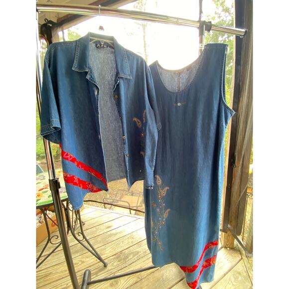 Women's 2 Piece Midi Dress & Over Shirt 2X floral & red fabric trim on both VGUC - Picture 15 of 16